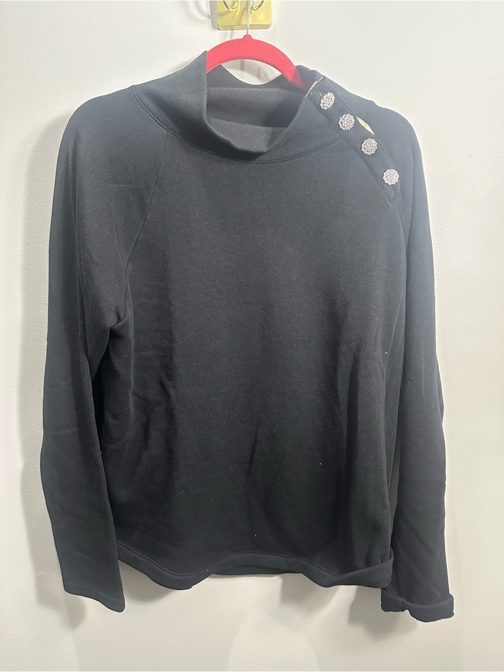J.Crew Black Mock Neck Sweatshirt w/ Crystal Button Detail Large NWOT
